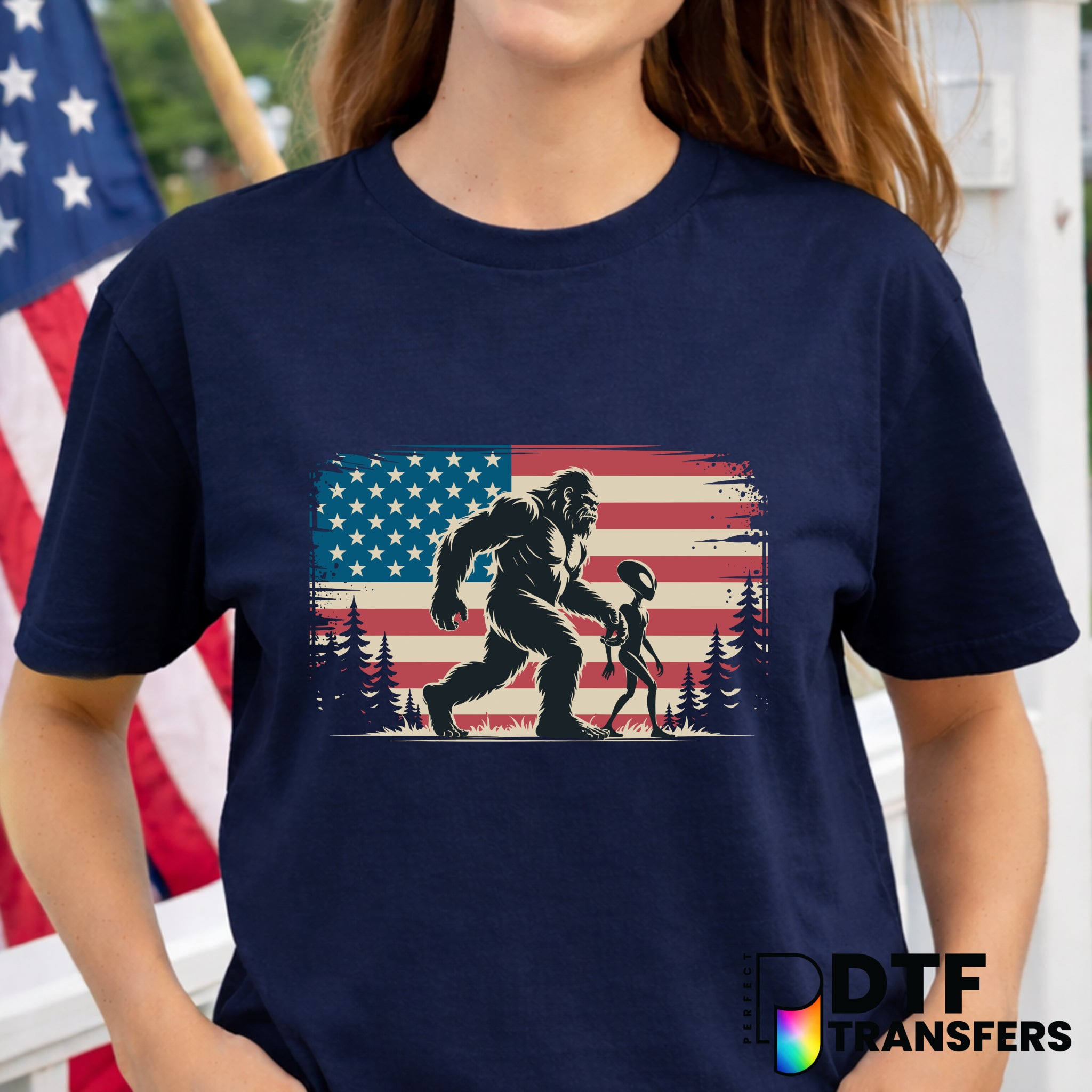 Bigfoot and Alien American Flag – Fourth of July DTF Transfer