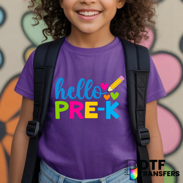 Hello Pre-K Colorful Hearts and Pencil – Pre-K Teacher DTF Transfer