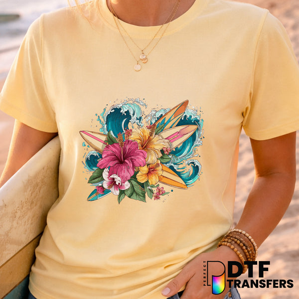 Vintage Tropical Flower Surfboard Waves – Surfing DTF Transfer