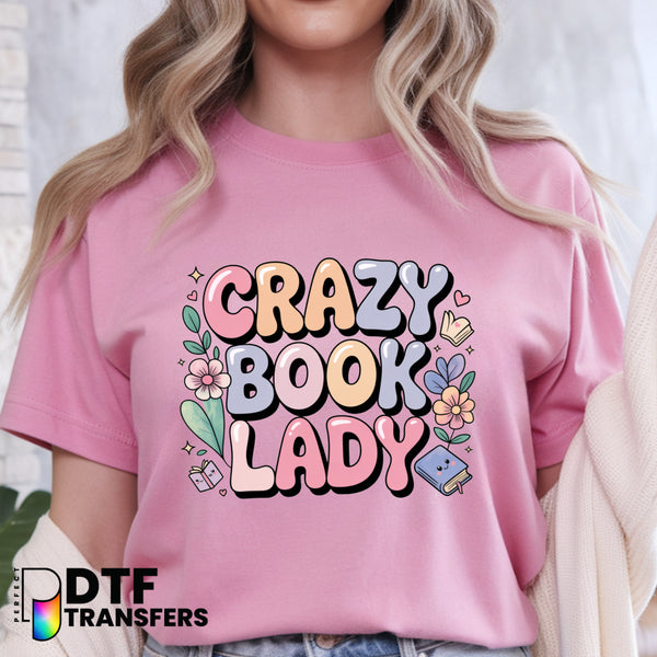 CRAZY BOOK LADY – Stack of Books with Floral Design Teacher DTF Transfer