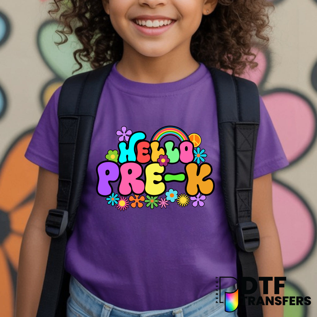 Hello Pre-K Rainbow Flowers Retro – Teacher DTF Transfer