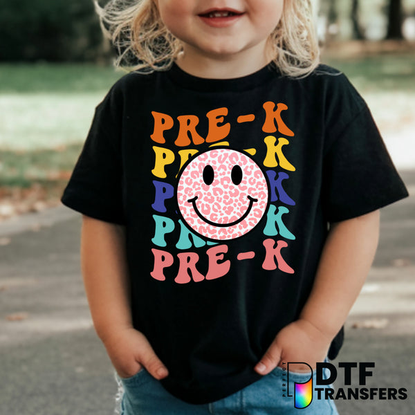 "Pre-K" Wavy Retro Smiley Face Leopard Print – Teacher DTF Transfer