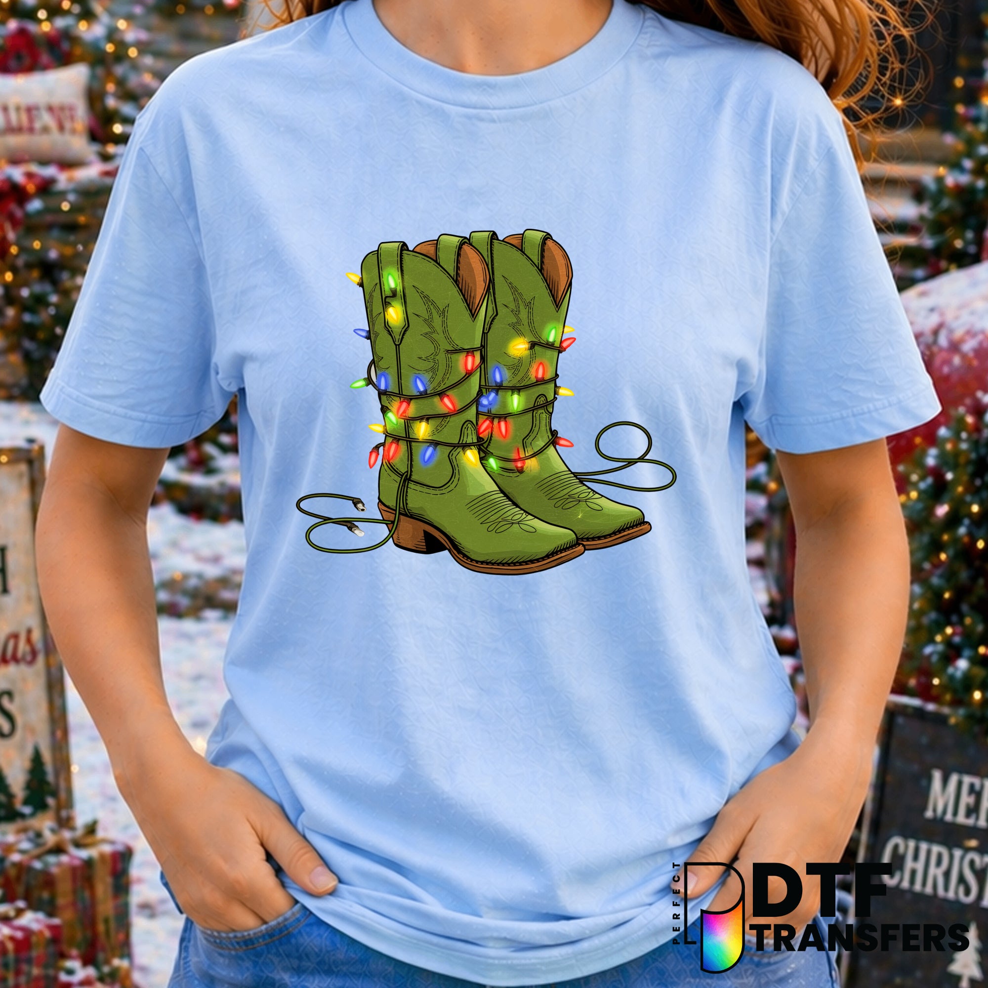 Retro Christmas Cowboy Green Boots with Lights – Christmas DTF Transfer