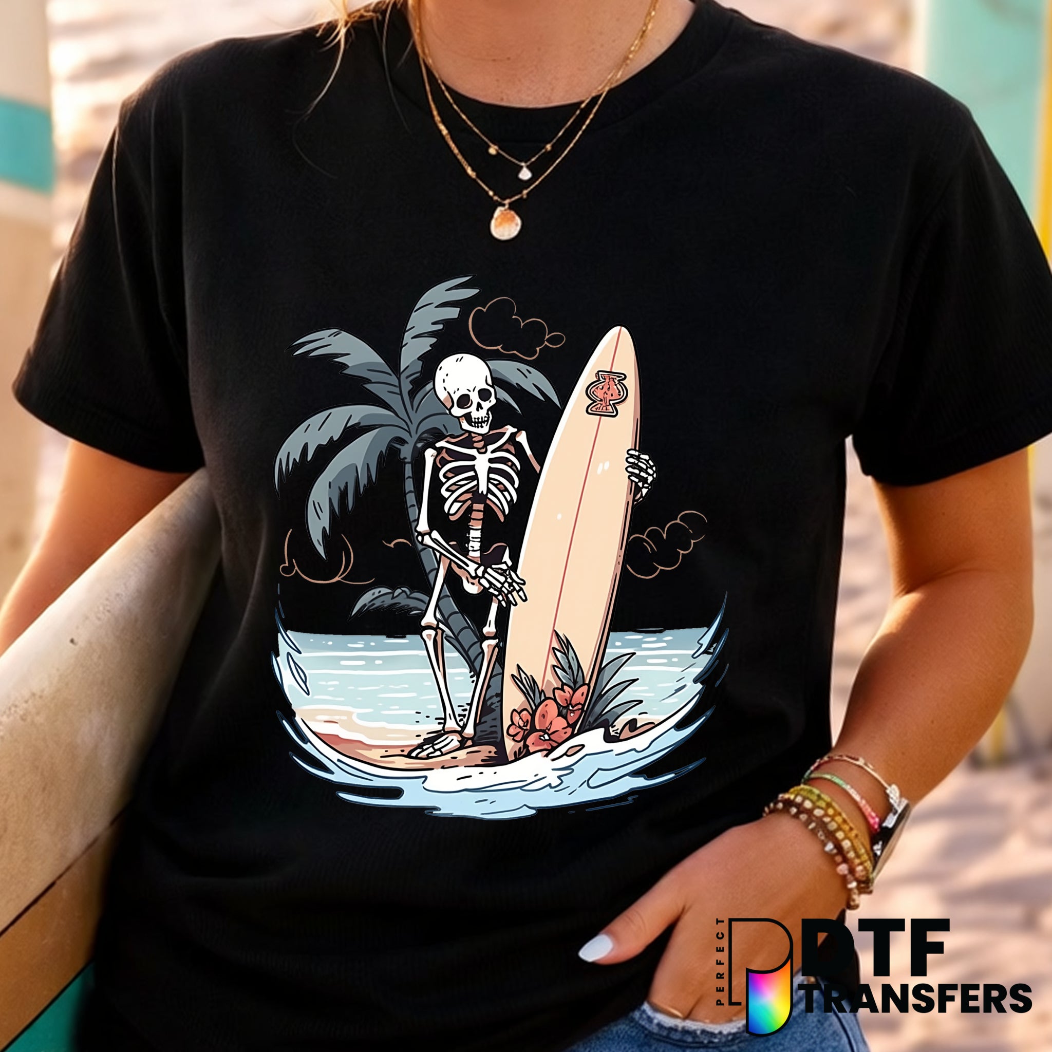 Skeleton Surfing Tropical Waves – Surfing DTF Transfer