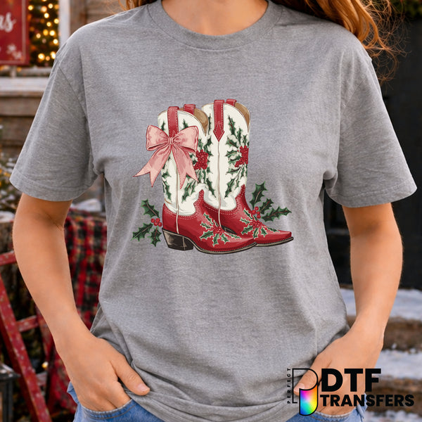 Western Christmas Cowboy Boots Holly Bow Coquette – Christmas DTF Transfer