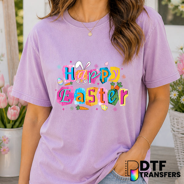 Colorful Happy Easter Grunge Bunny – Easter DTF Transfer