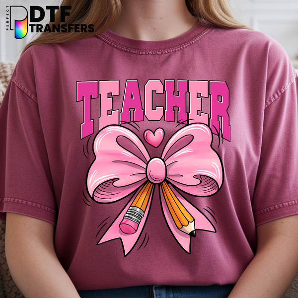 Pink Bow Pencil with Heart and Stars – Teacher DTF Transfer