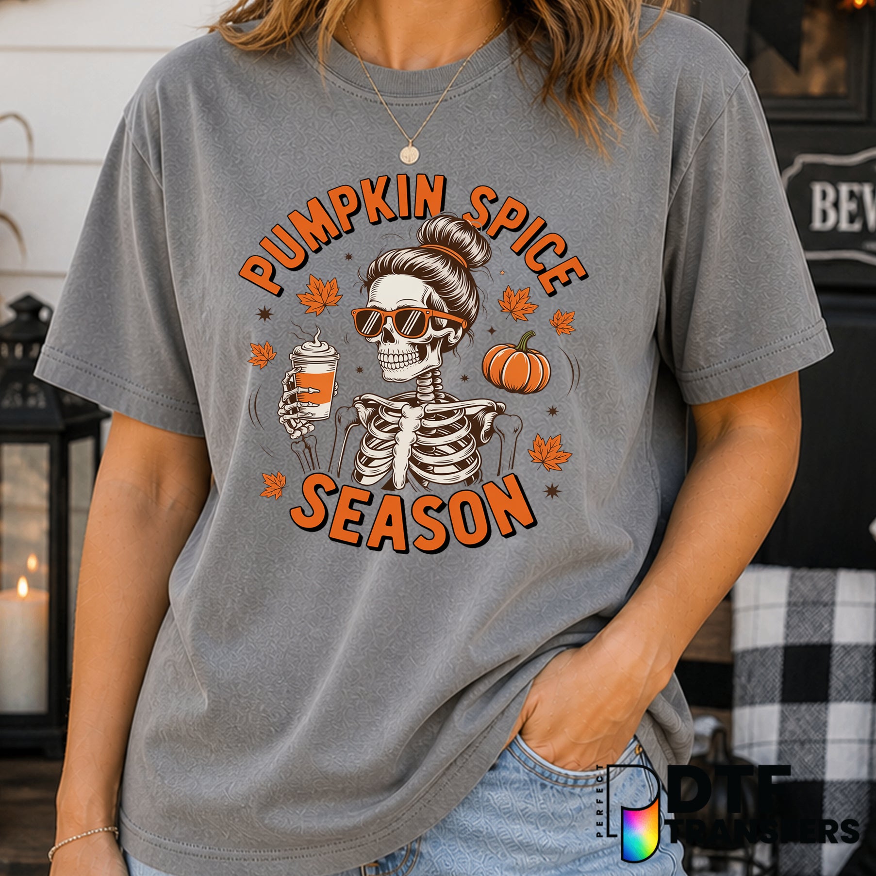 Pumpkin Spice Season Skeleton Fall Halloween Mom Messy Bun – Halloween DTF Transfer