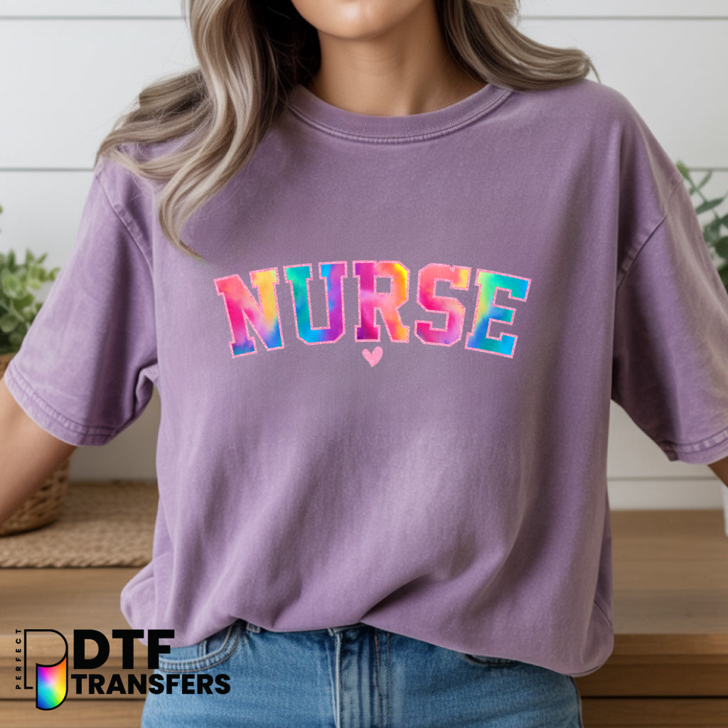Pink Glitter Rainbow Tie-Dye 'School Nurse' Arch – School Nurse DTF Transfer