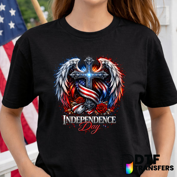 Patriotic Floral Cross with Wings – Fourth of July DTF Transfer
