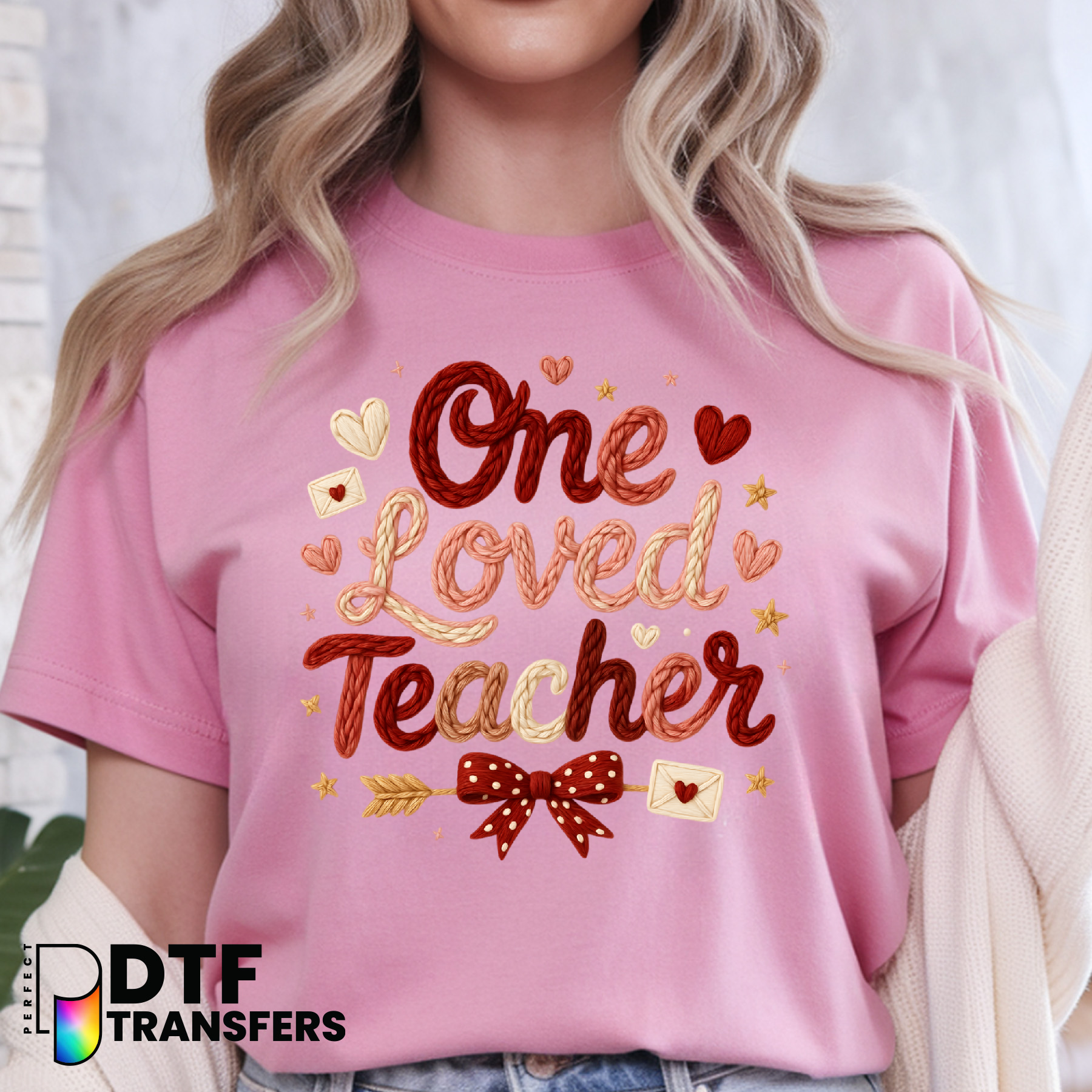 One Loved Teacher Yarn Texture – Educator DTF Transfer