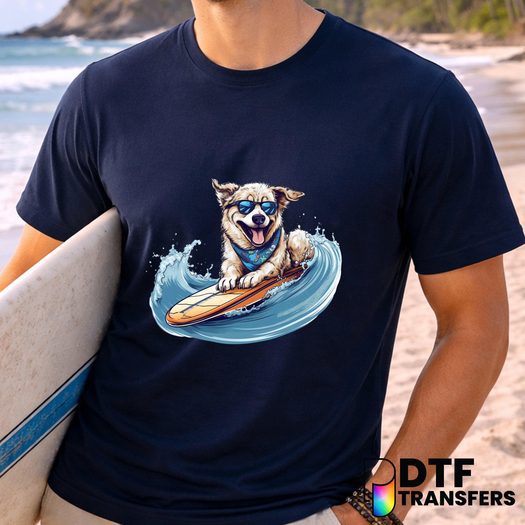 Cute Surfing Dog on Waves – Surfing DTF Transfer