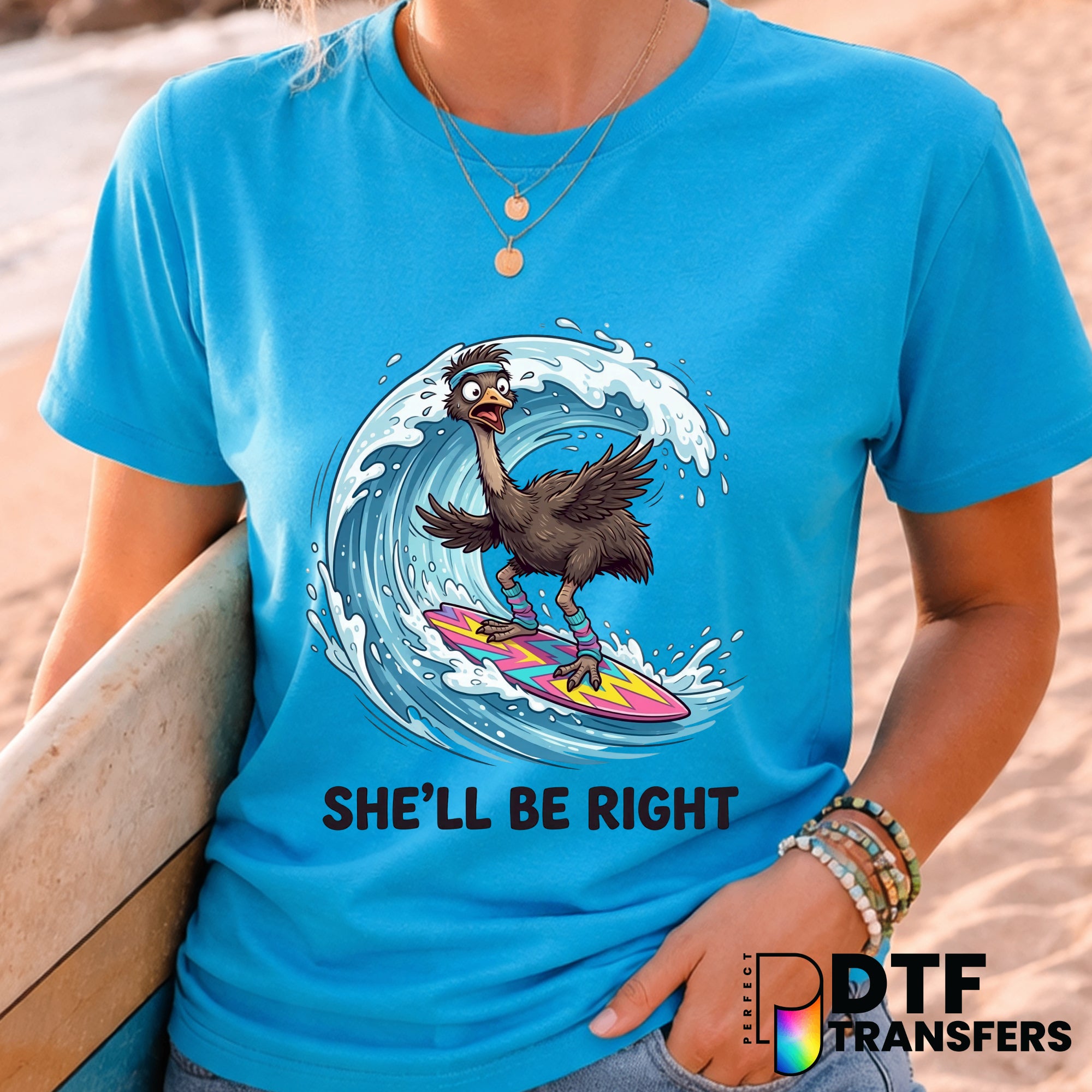 She'll Be Alright Funny Ostrich Surfing – DTF Transfer