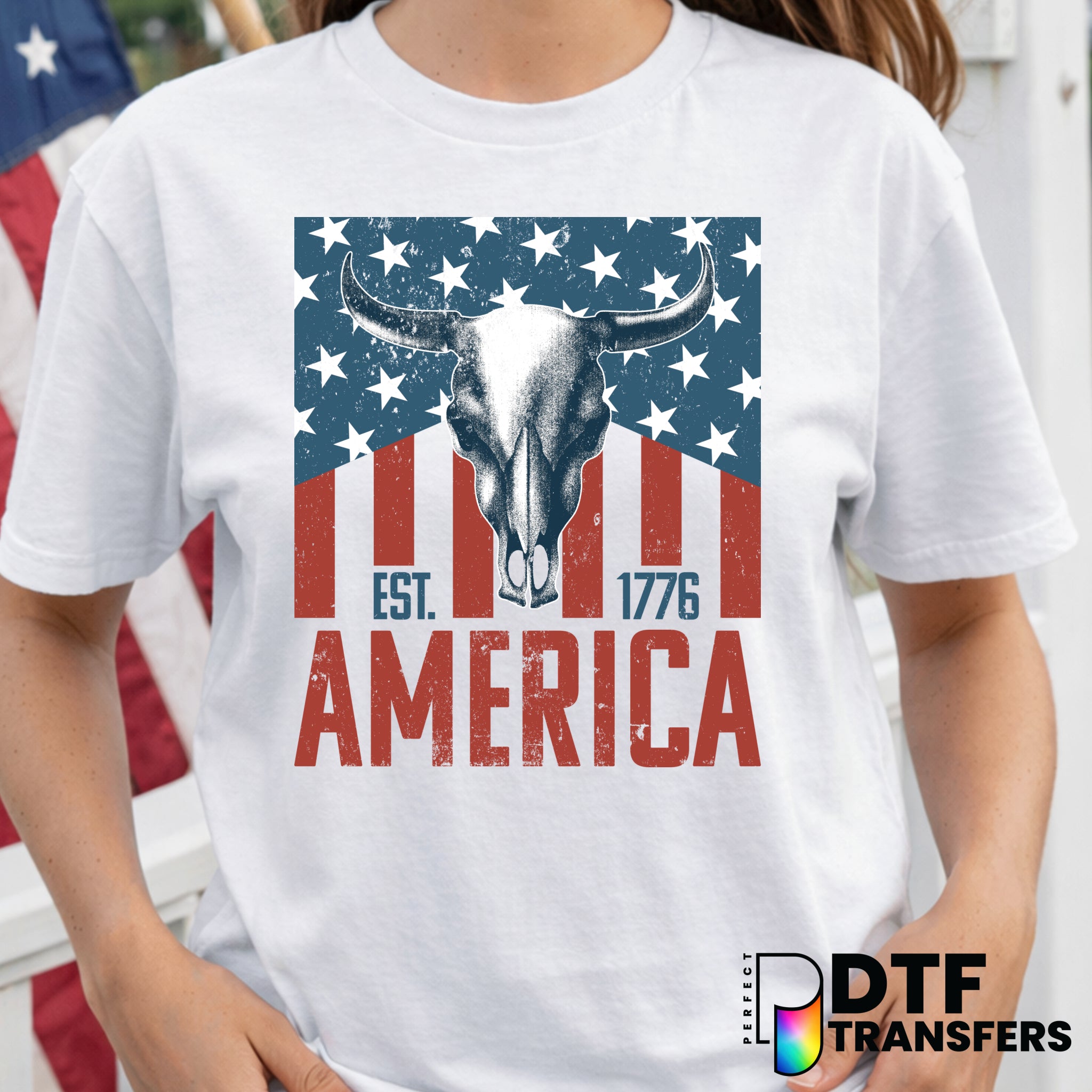 Vintage Western American Flag Skull – Fourth of July DTF Transfer