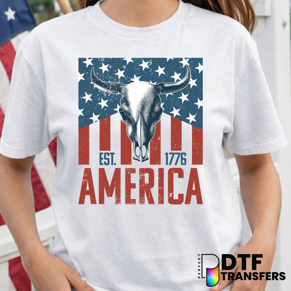 Vintage Western American Flag Skull – Fourth of July DTF Transfer