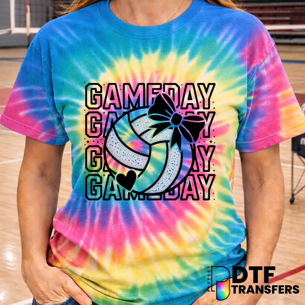 Game Day Stacked Silver Volleyball Coquette Bow – DTF Transfer