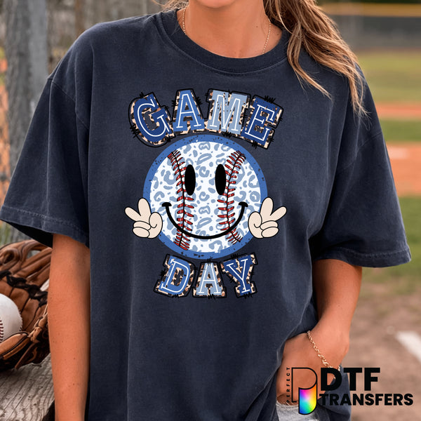 Baseball Game Day Smiley Face Blue Leopard – DTF Transfer
