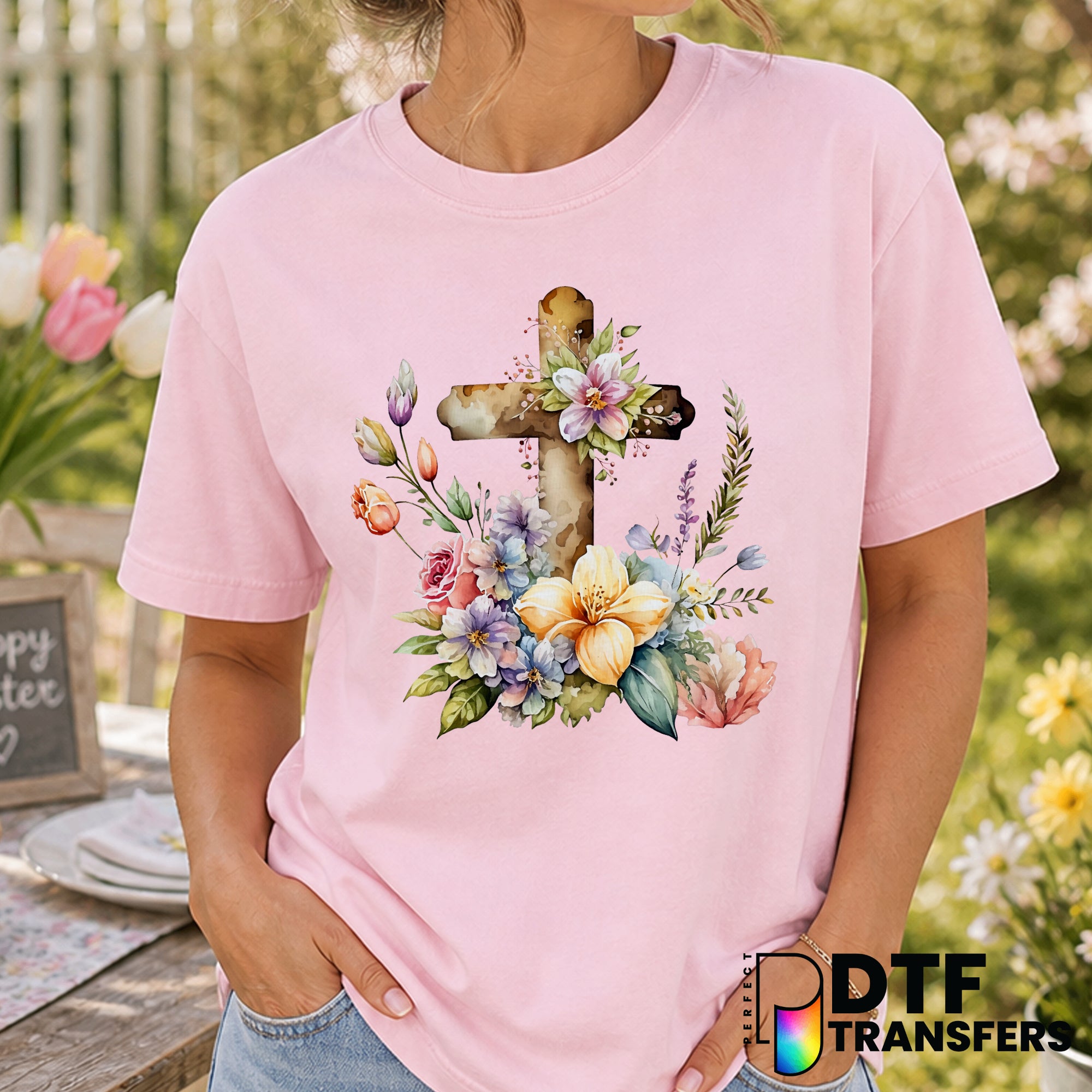Religious Cross with Flowers – Easter DTF Transfer