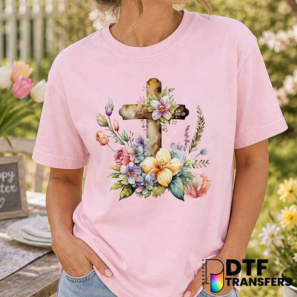 Religious Cross with Flowers – Easter DTF Transfer