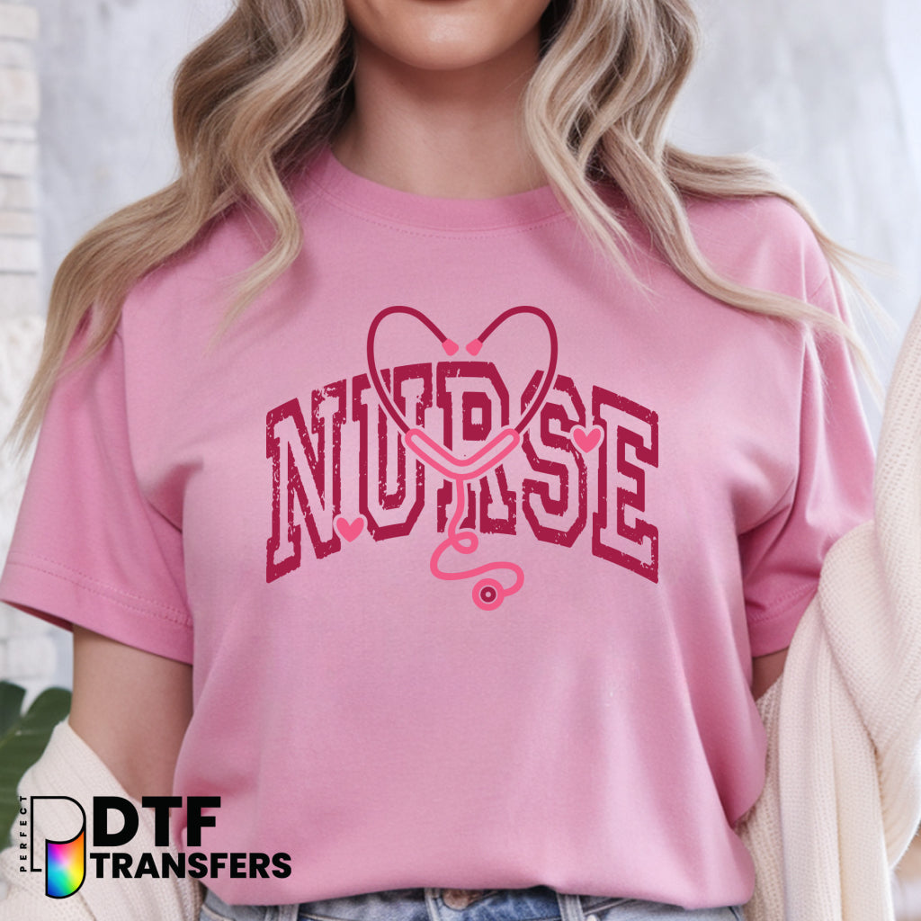 SCHOOL NURSE Text with Stethoscope Heart – School Nurse DTF Transfer