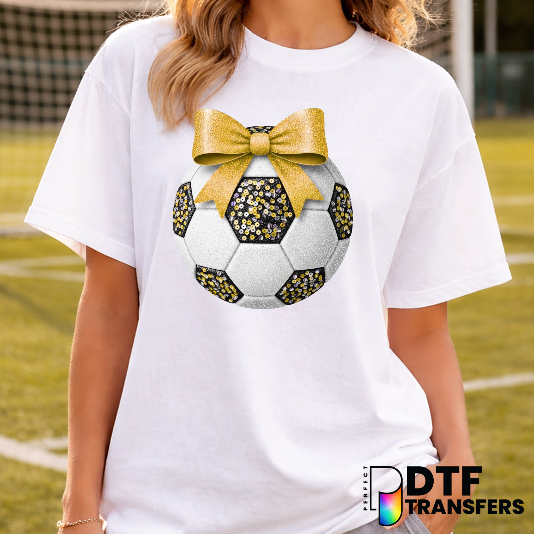 Soccer Ball Yellow Glitter Bow – Soccer DTF Transfer