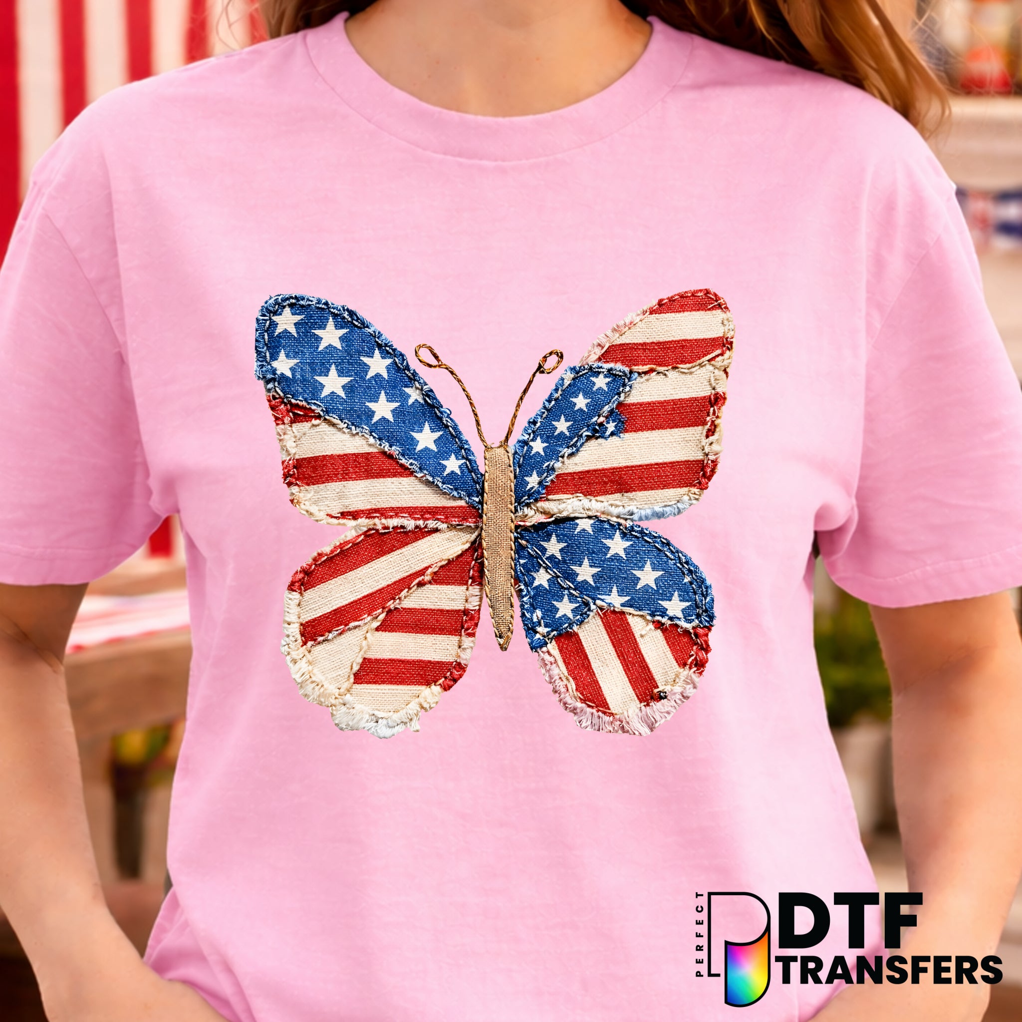 Faux Patchwork Butterfly American Flag – Fourth of July DTF Transfer