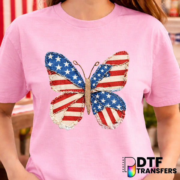 Faux Patchwork Butterfly American Flag – Fourth of July DTF Transfer