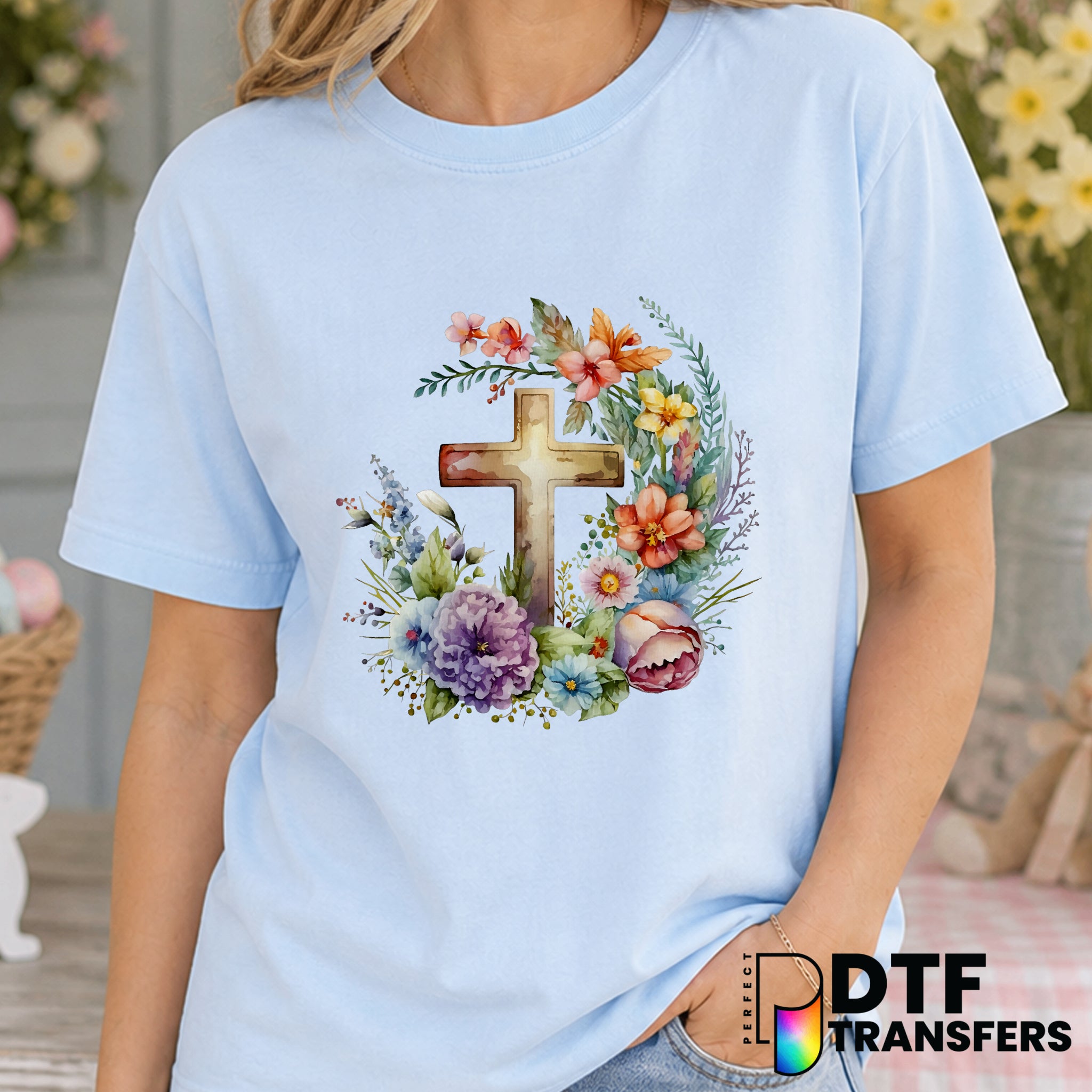 Religious Cross with Floral Arch – Easter DTF Transfer