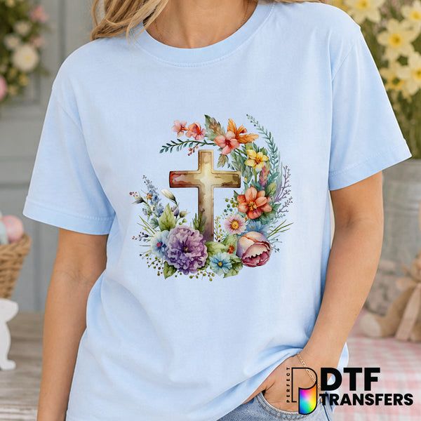 Religious Cross with Floral Arch – Easter DTF Transfer