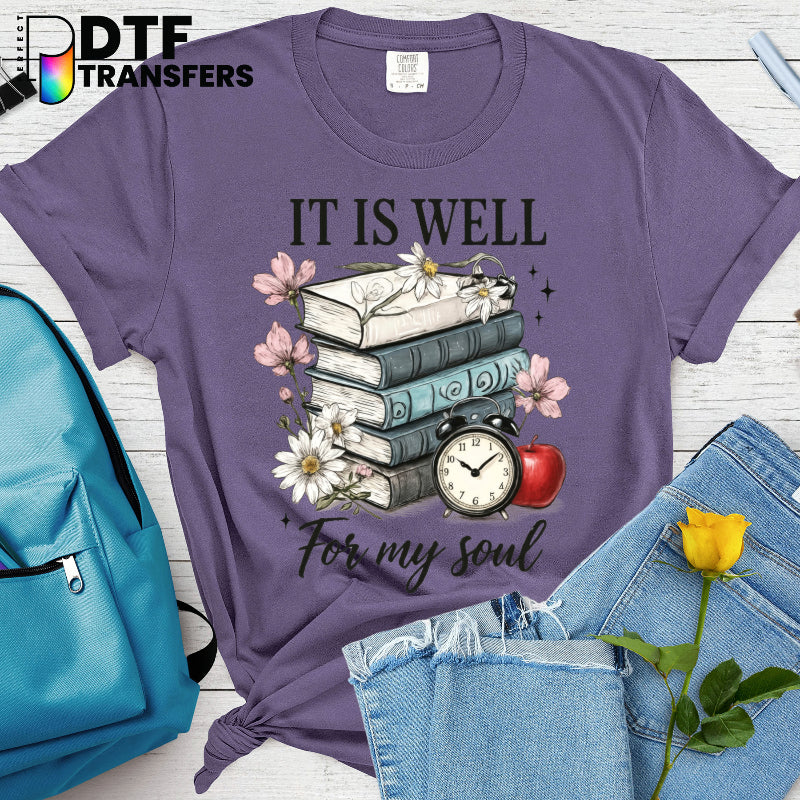 "It Is Well For My Soul" Bookstack with Reading Glasses – Teacher DTF Transfer