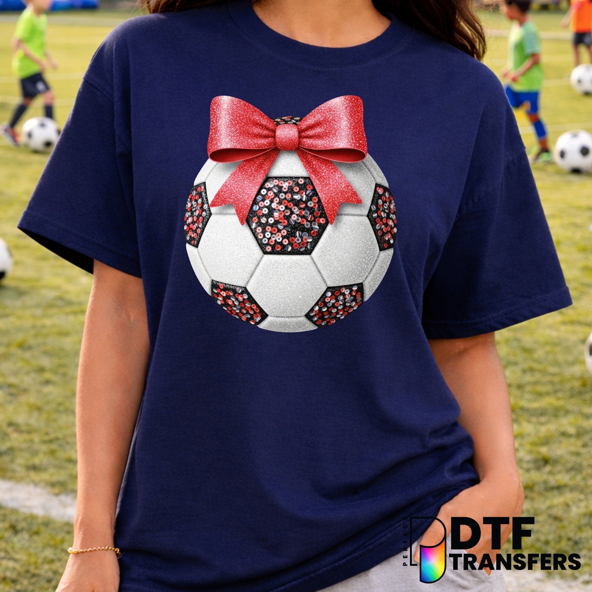 Red Glitter Sequin Soccer Ball with Bow – Soccer DTF Transfer