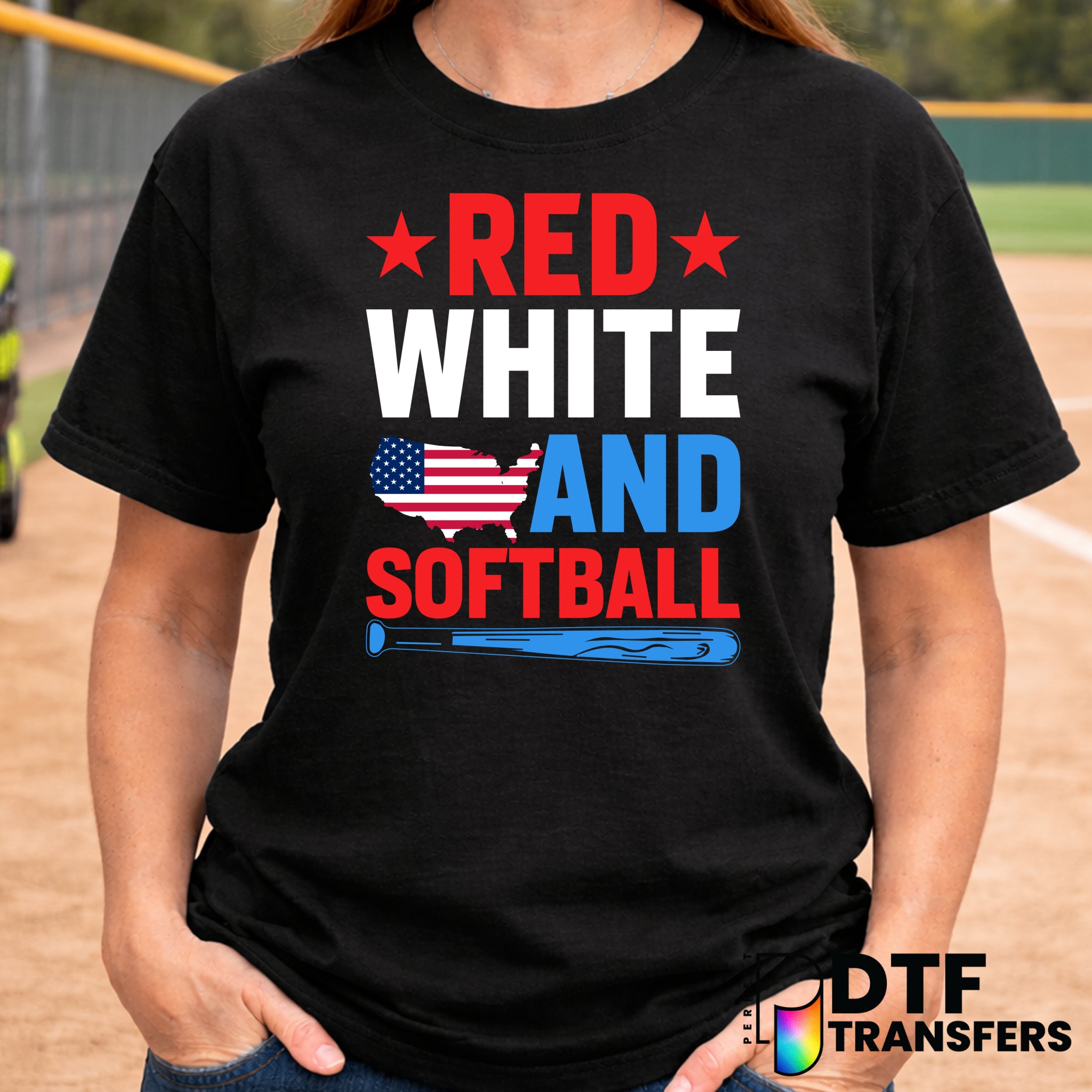 Red White and Softball Patriotic American – Softball DTF Transfer