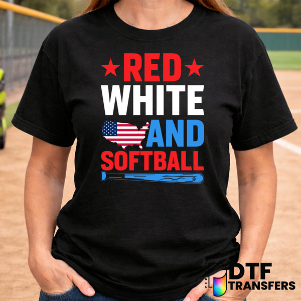 Red White and Softball Patriotic American – Softball DTF Transfer