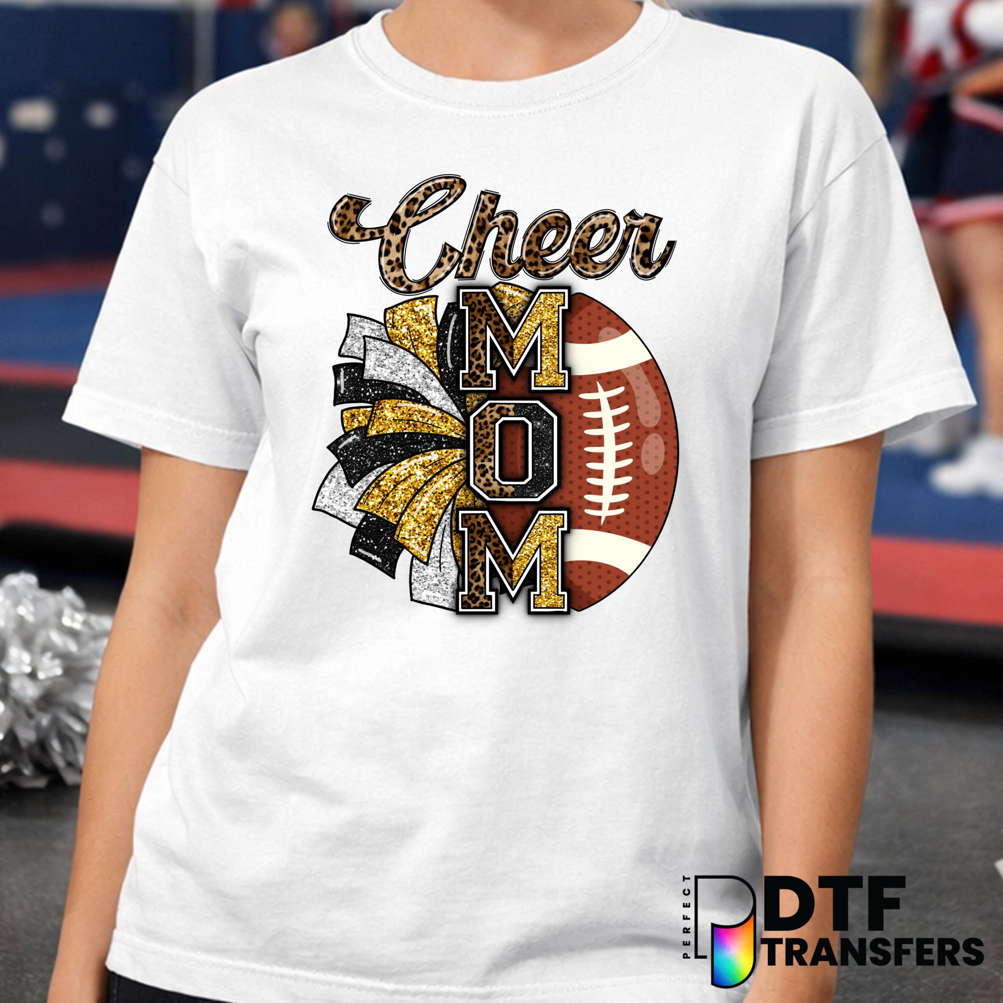 Cheer Mom Football Gold Glitter Leopard – Cheerleading DTF Transfer