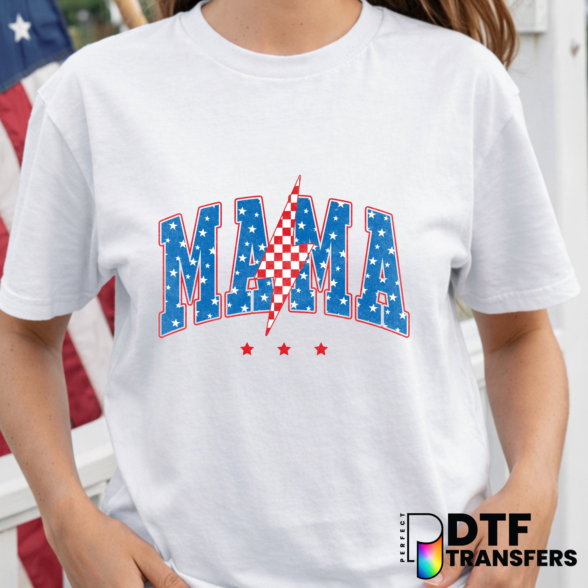 Mama Varsity Arch Lightning Bolt – Fourth of July DTF Transfer