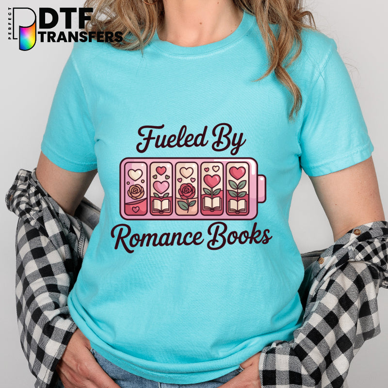 Fueled by Romance Books & Coffee – Teacher DTF Transfer with Books and Mug