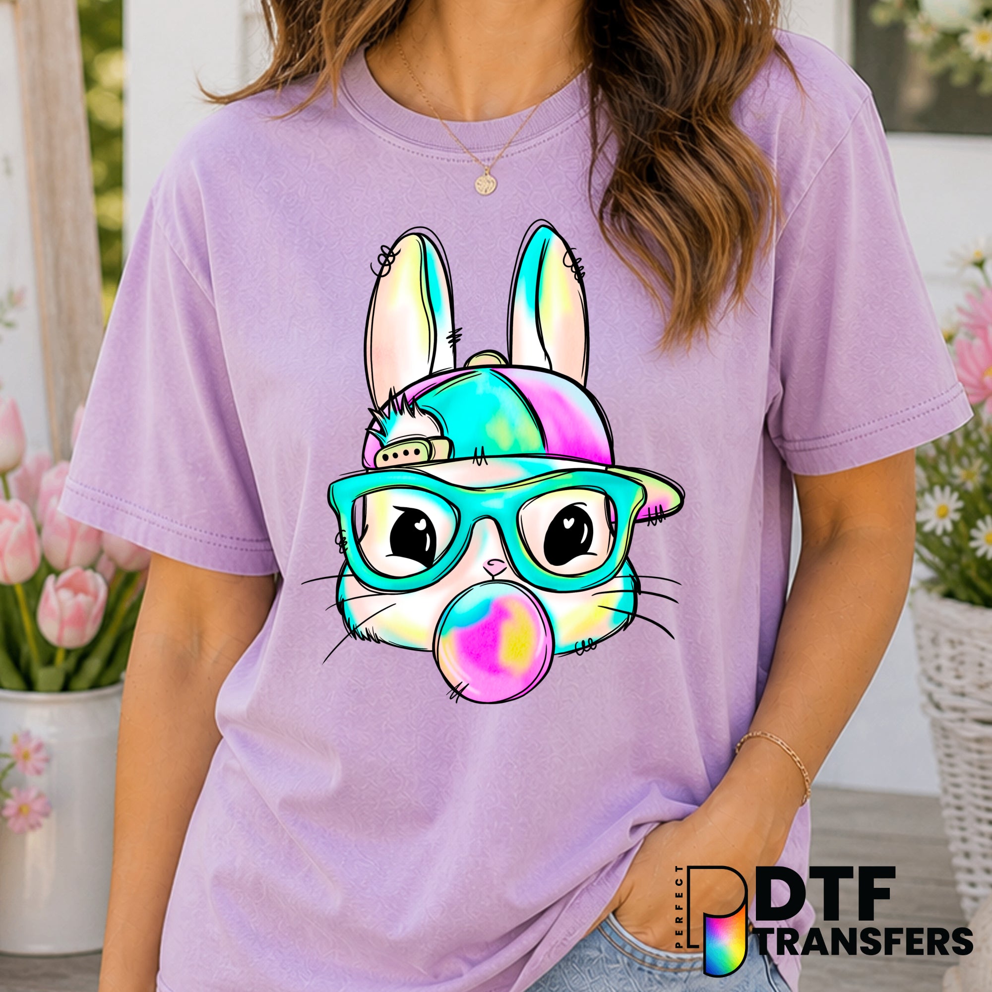Pastel Watercolor Boy Bunny with Glasses & Bubblegum – Easter DTF Transfer