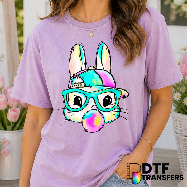 Pastel Watercolor Boy Bunny with Glasses & Bubblegum – Easter DTF Transfer