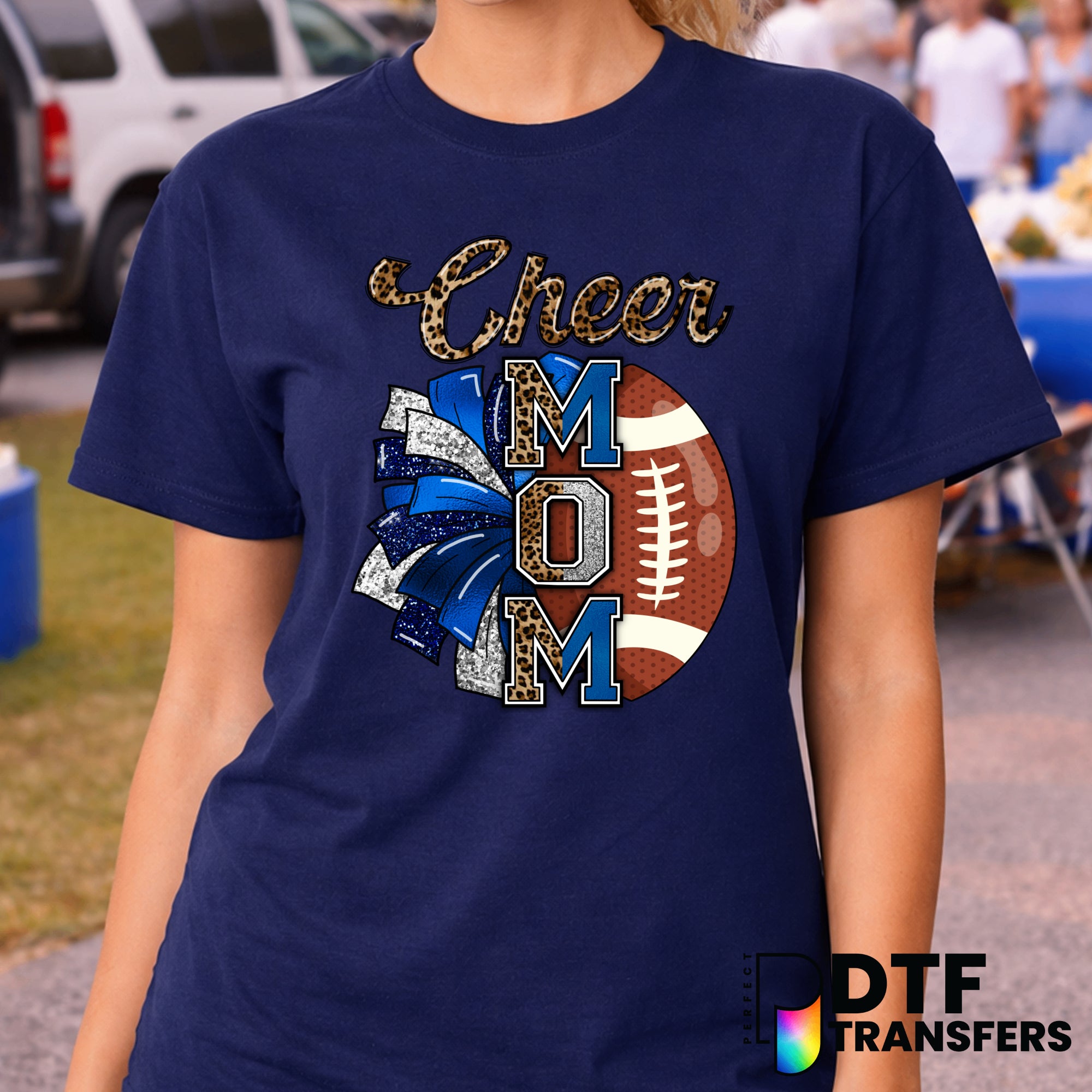 Cheer Mom Football Blue Leopard Glitter – Cheerleading DTF Transfer