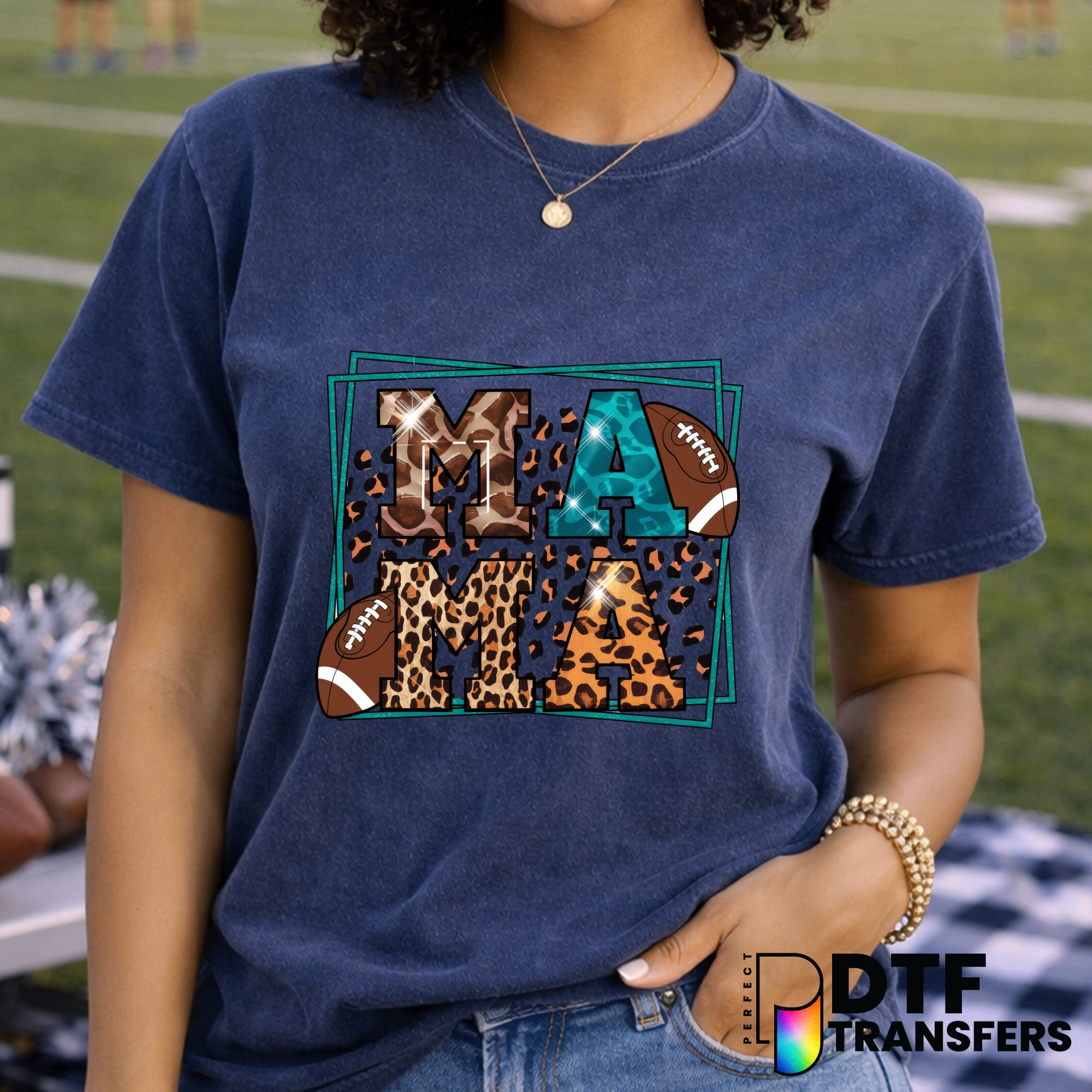 Mama Stacked Leopard and Teal Football – DTF Transfer
