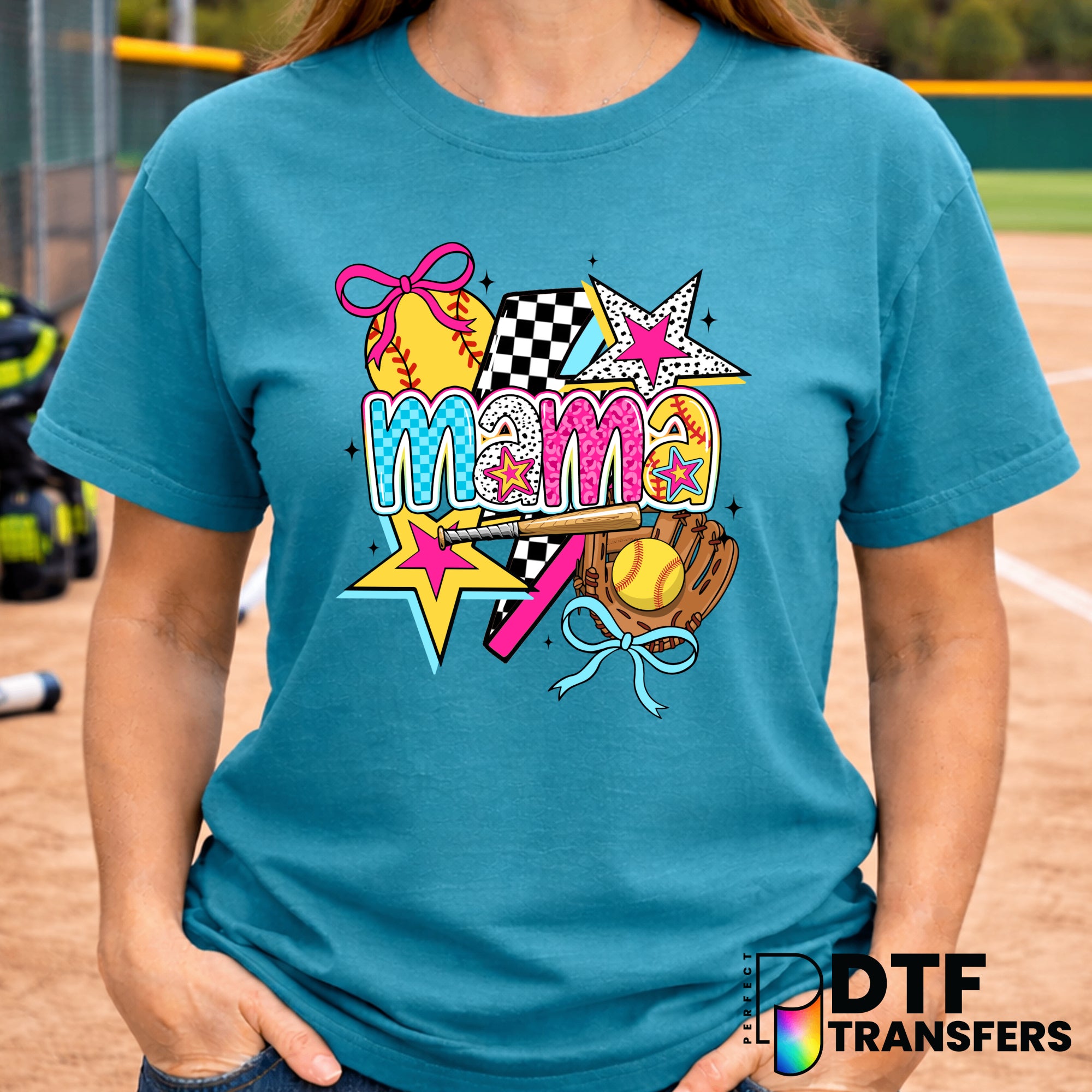 Mama Retro Colorful Softball Checkered Coquette – Softball DTF Transfer