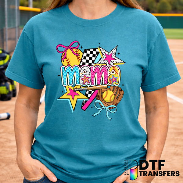 Mama Retro Colorful Softball Checkered Coquette – Softball DTF Transfer