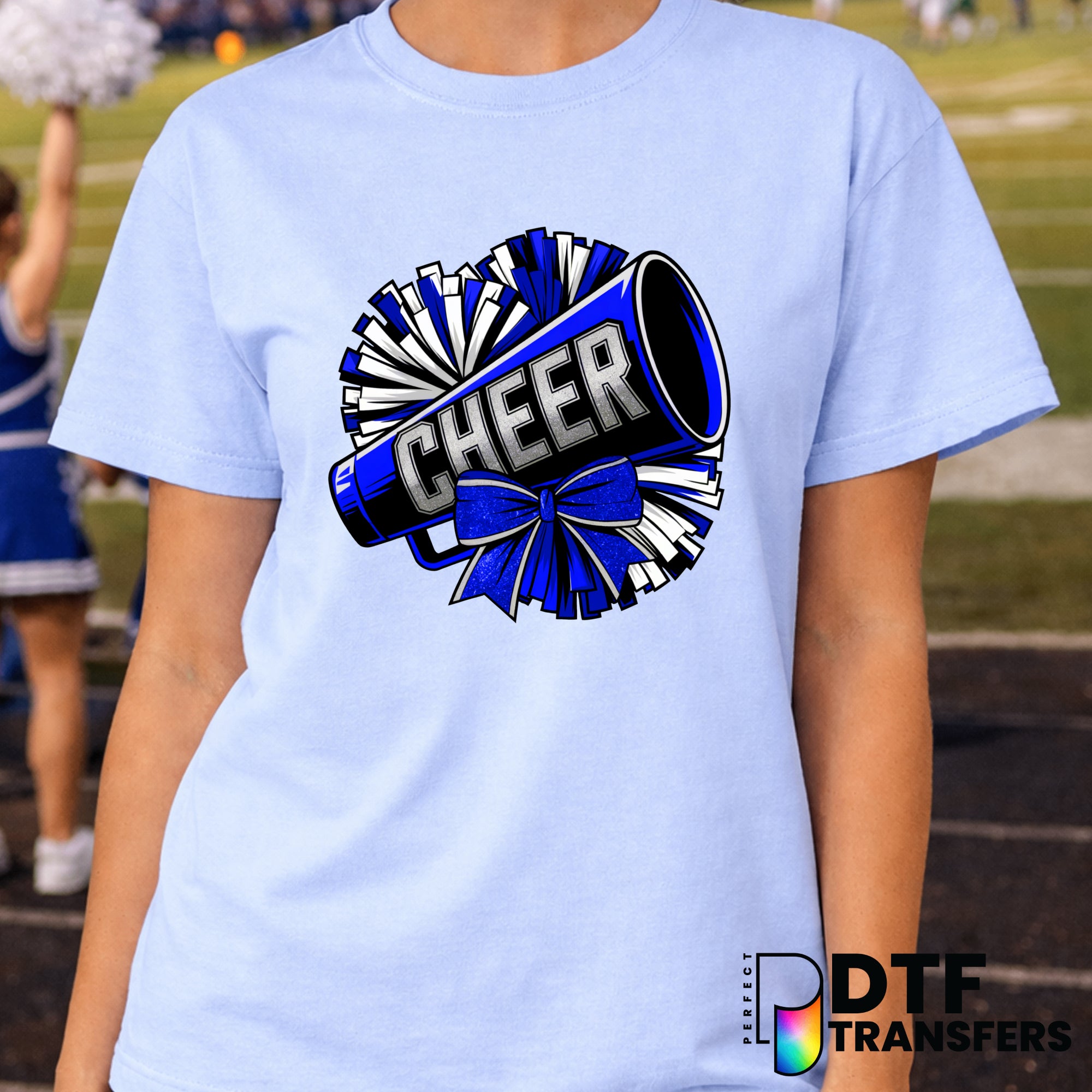 Blue Cheer Glitter Coquette Pom Pom and Megaphone – Cheerleading DTF Transfer
