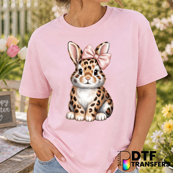 Leopard Print Bunny with Pink Bow – Easter DTF Transfer