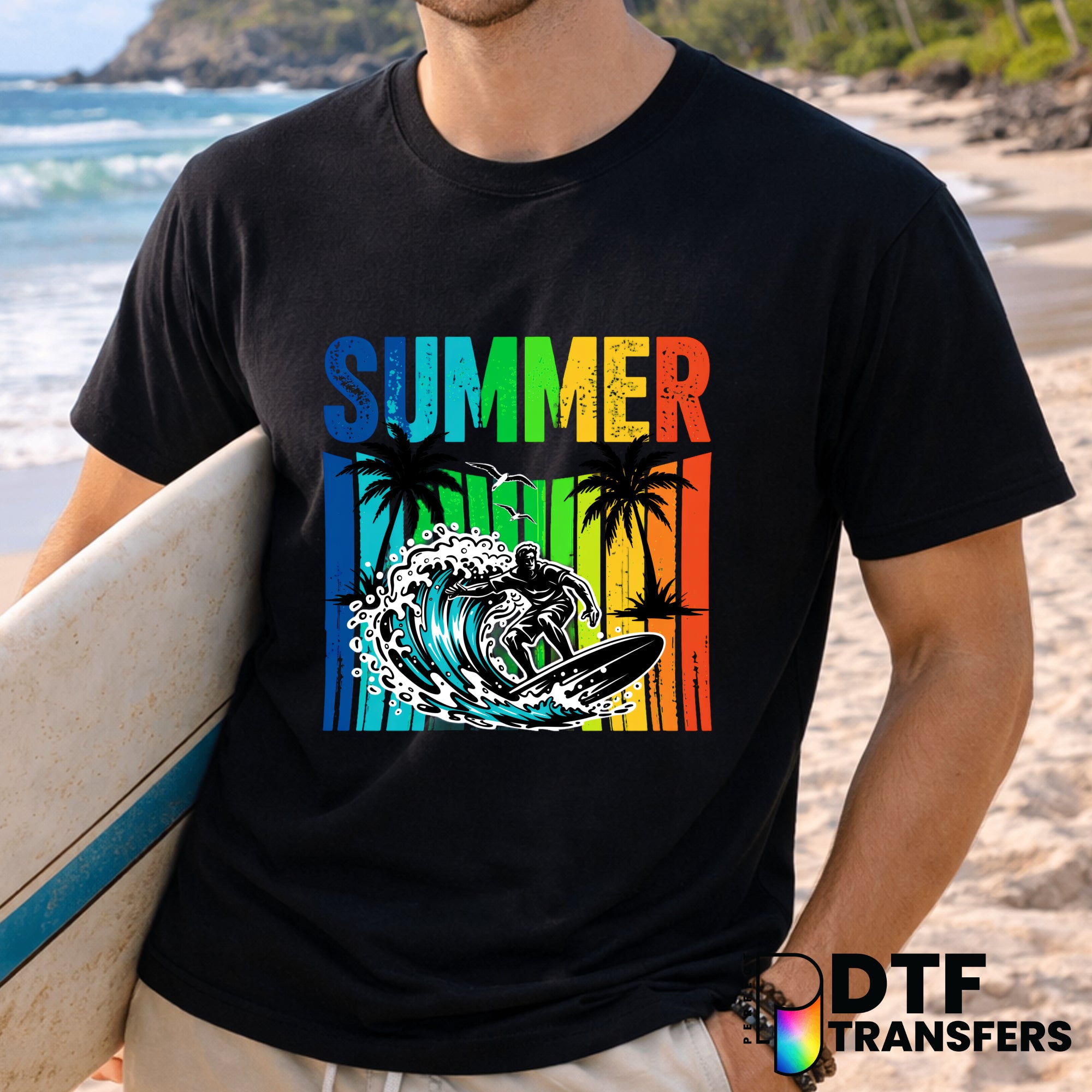 Rainbow Summer Surfer Tropical Surfing – Surfing DTF Transfer