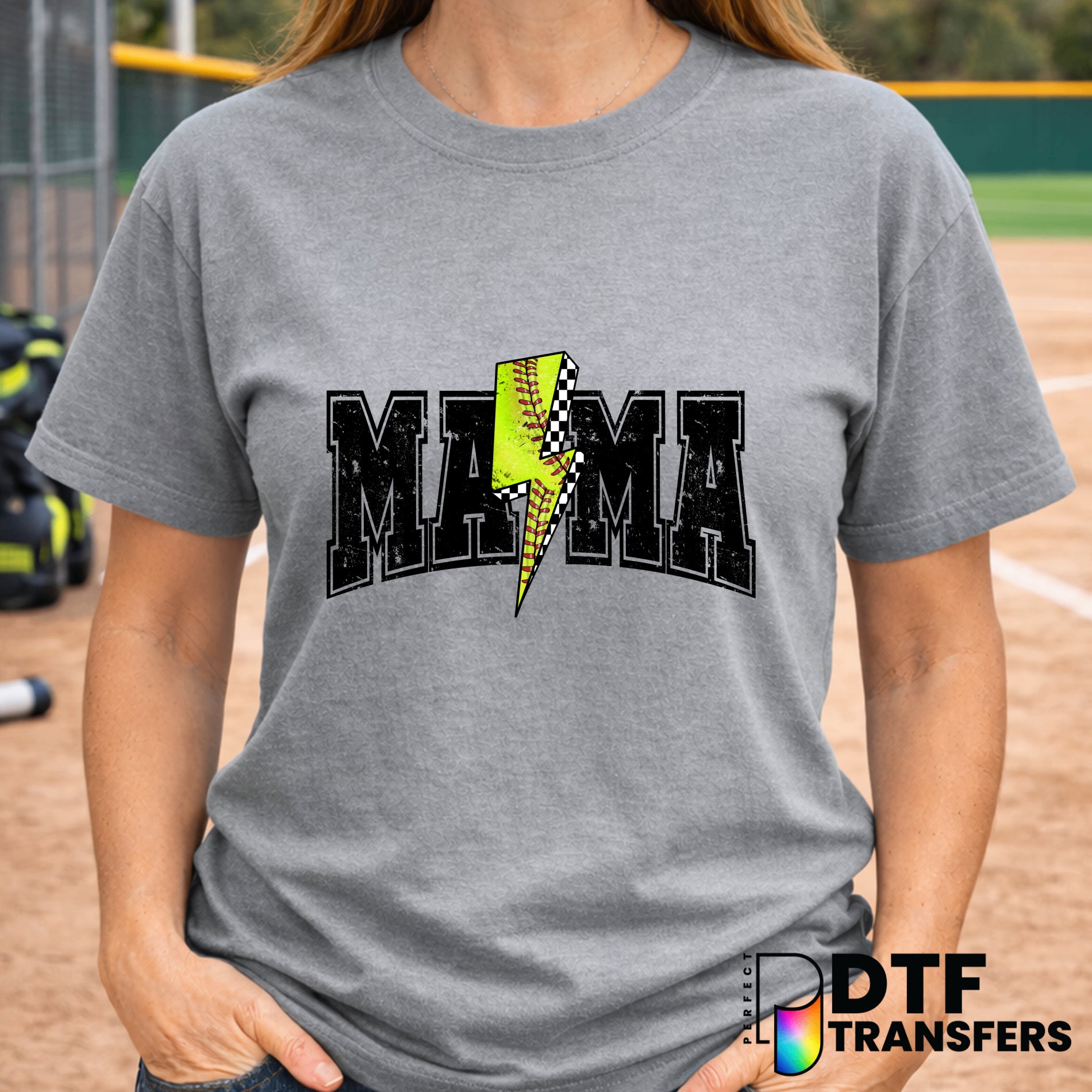 Mama Varsity Arch Softball Lightning Bolt Grunge DTF Transfer