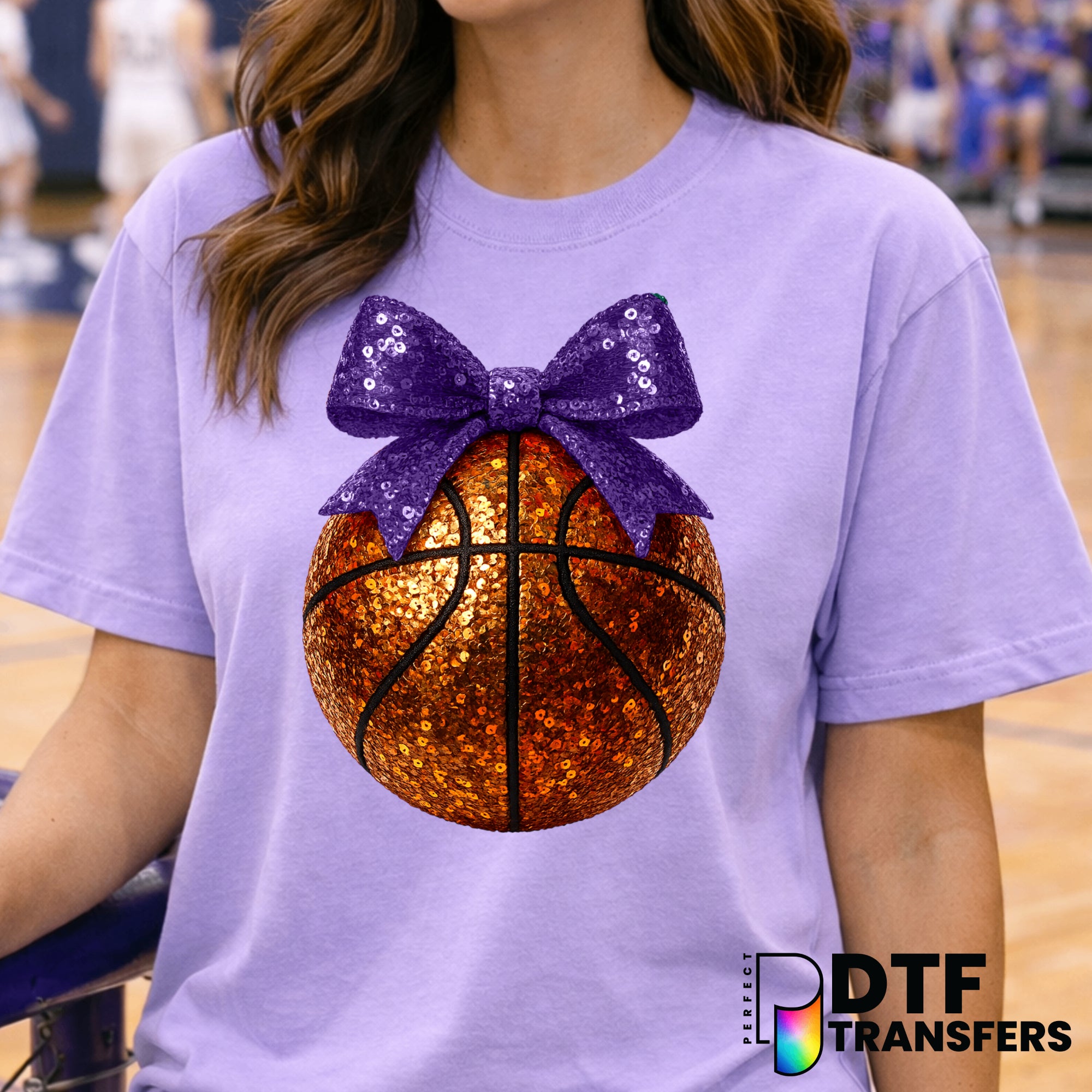 Purple Faux Sequin Bow Basketball DTF Transfer