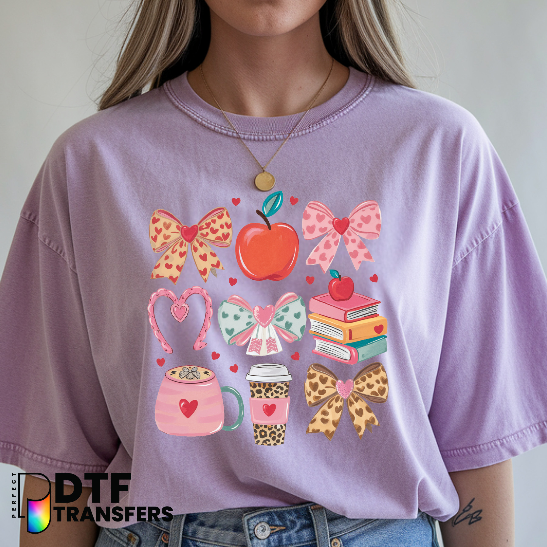 TEACHER with Bow, Apple, Pencil – Teacher DTF Transfer