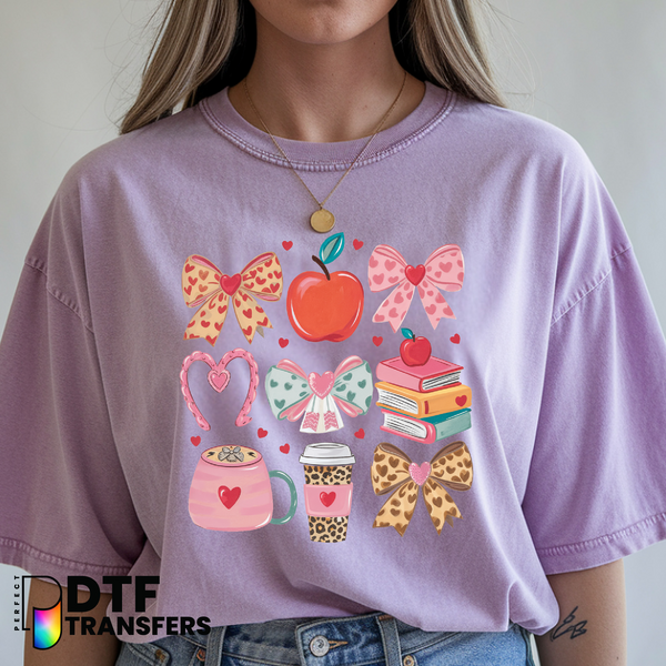 TEACHER with Bow, Apple, Pencil – Teacher DTF Transfer