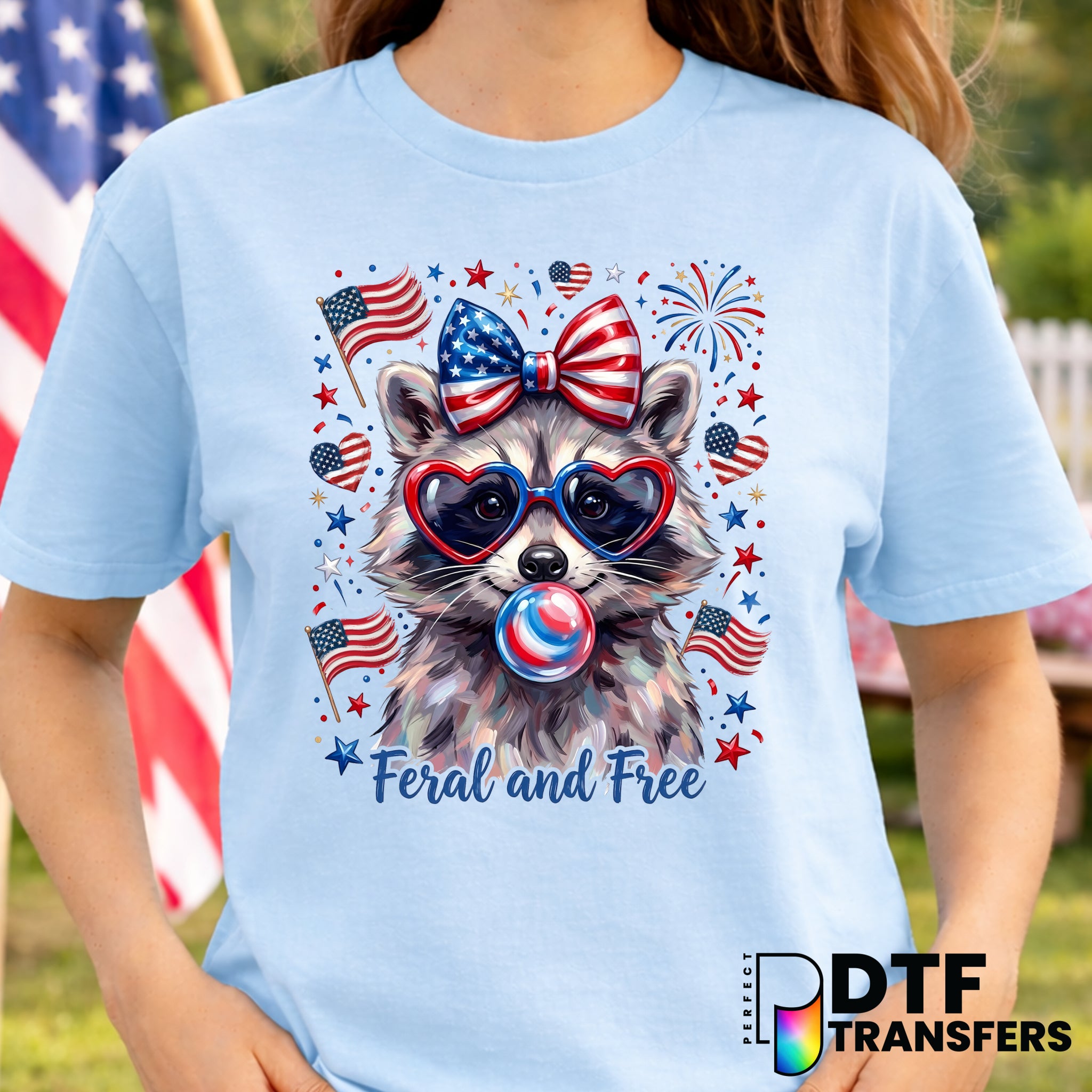 Raccoon American Flag Coquette Bows – Fourth of July DTF Transfer